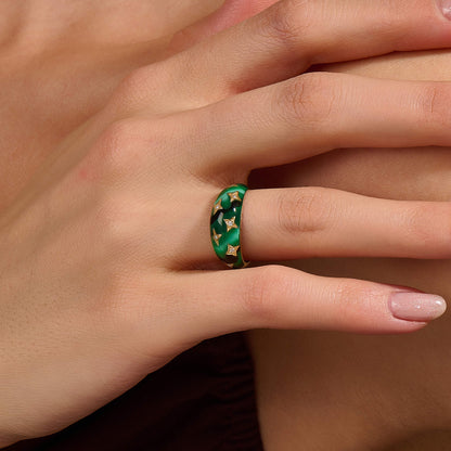 Green Enamel Star Dome Ring in Gold