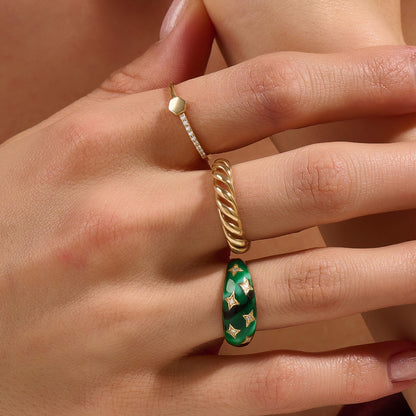 Green Enamel Star Dome Ring in Gold
