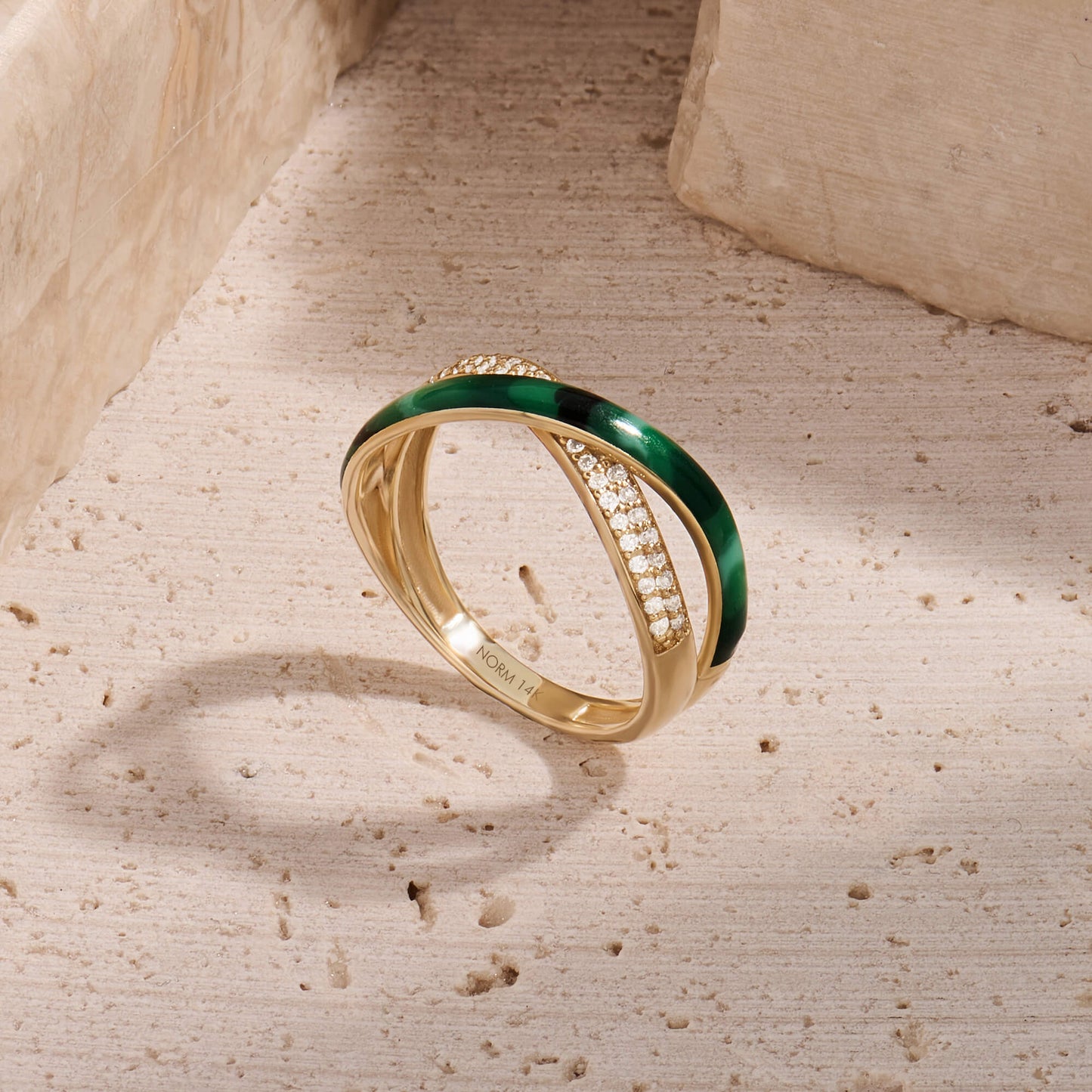 Green Enamel X Ring in Gold