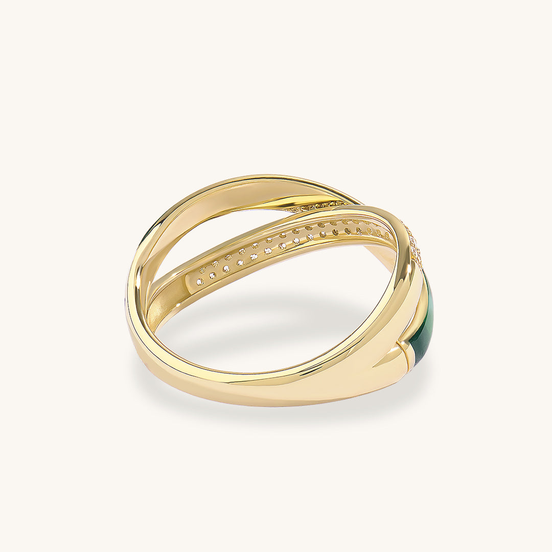 Green Enamel X Ring in Gold