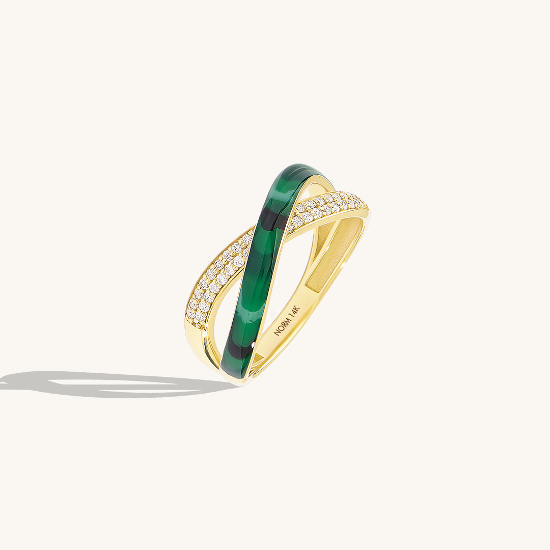 Green Enamel X Ring in Gold