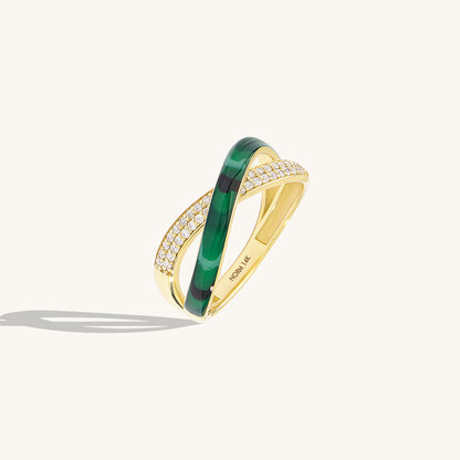 Green Enamel X Ring in Gold