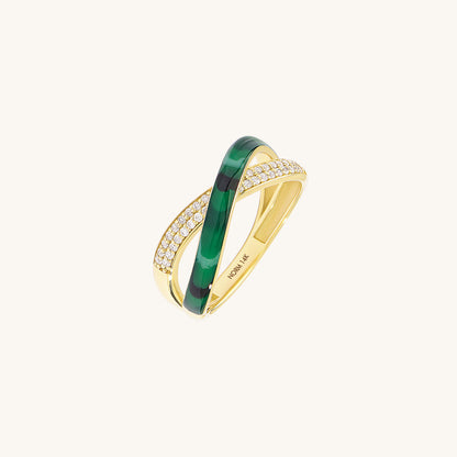Green Enamel X Ring in Gold