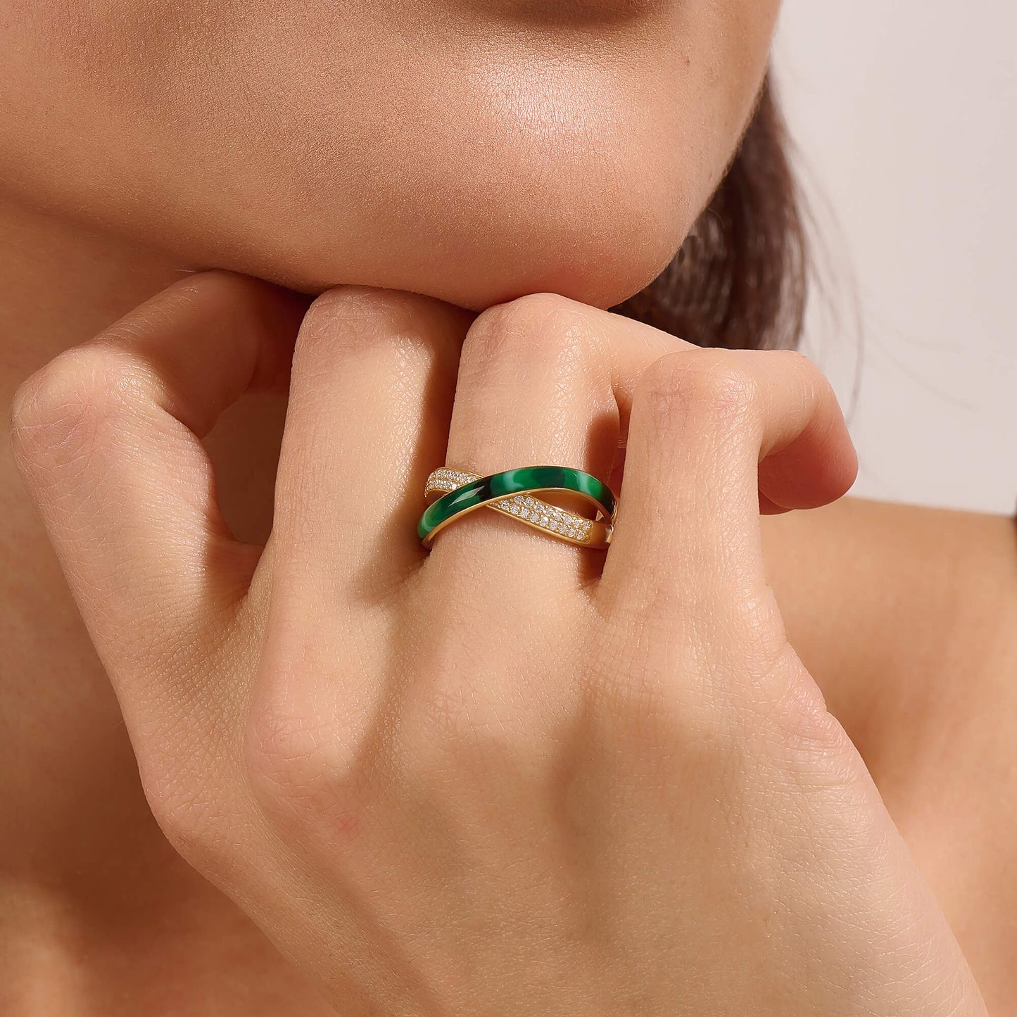 Green Enamel X Ring in Gold
