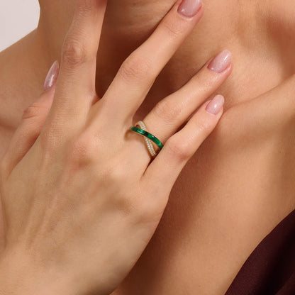 Green Enamel X Ring in Gold