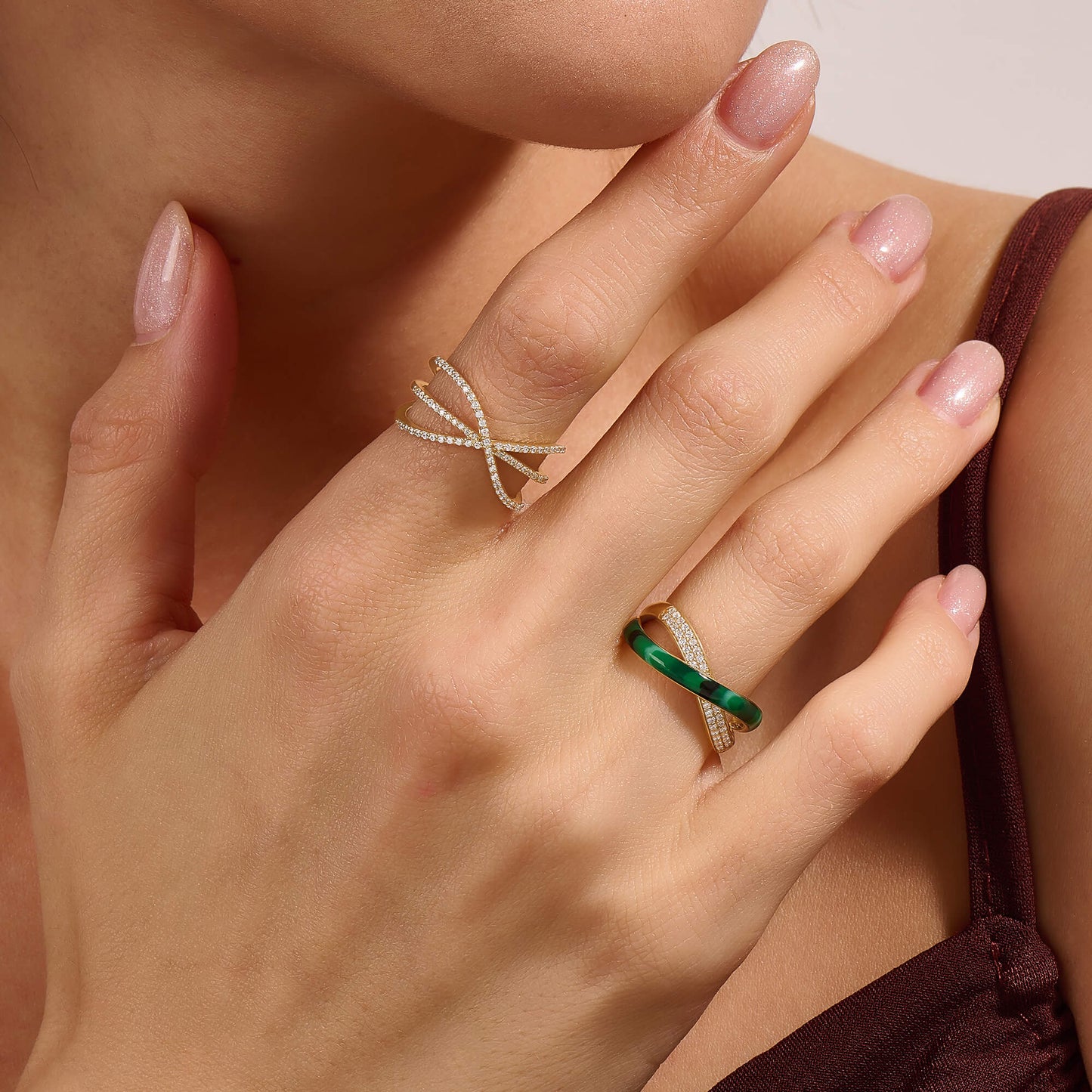 Green Enamel X Ring in Gold