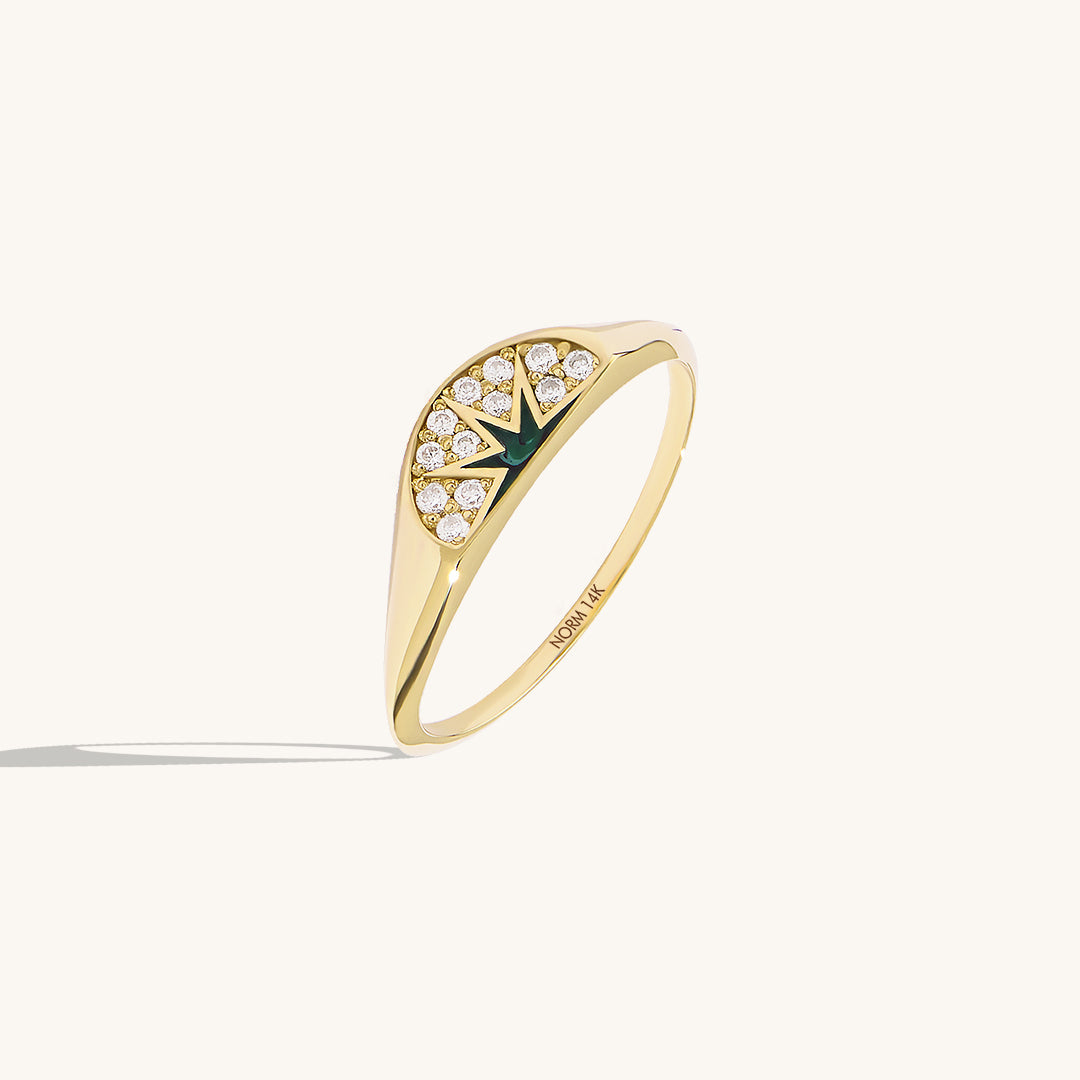 Green Enamel Sun Half Signet Ring in Gold