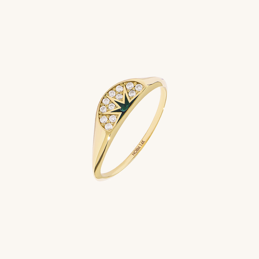 Green Enamel Sun Half Signet Ring in Gold