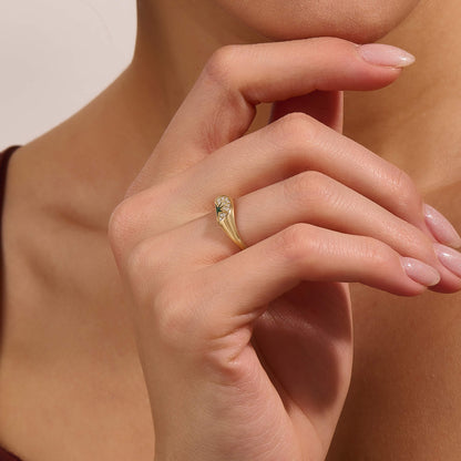 Green Enamel Sun Half Signet Ring in Gold
