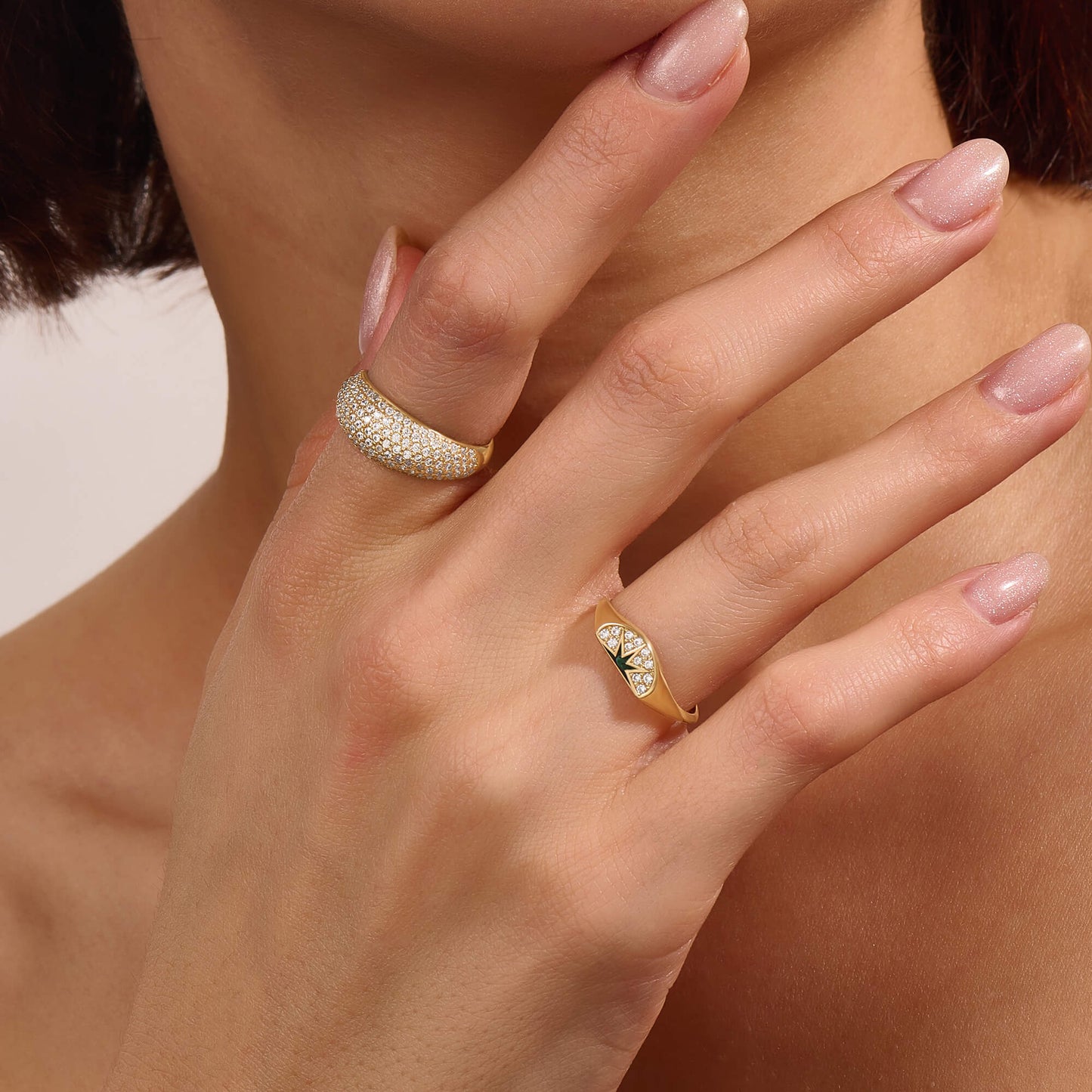 Green Enamel Sun Half Signet Ring in Gold