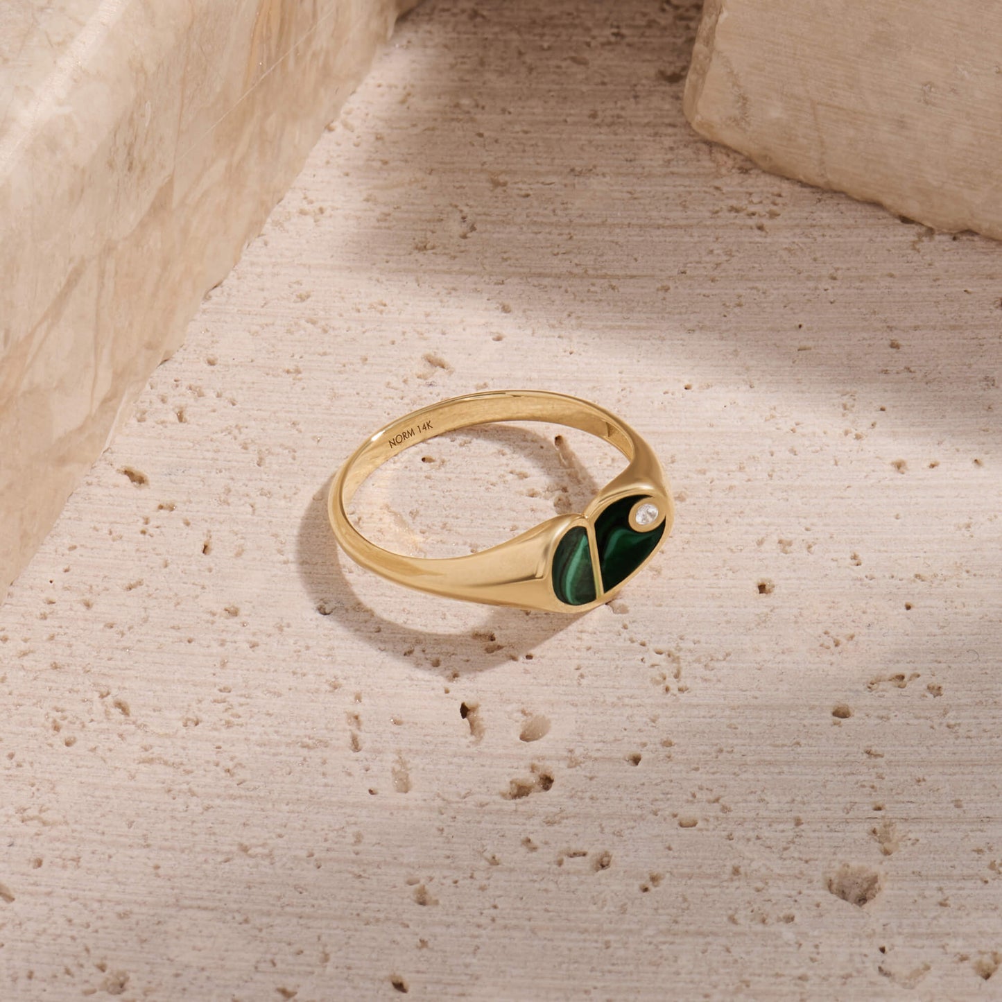 Green Enamel Heart Signet Ring in Gold