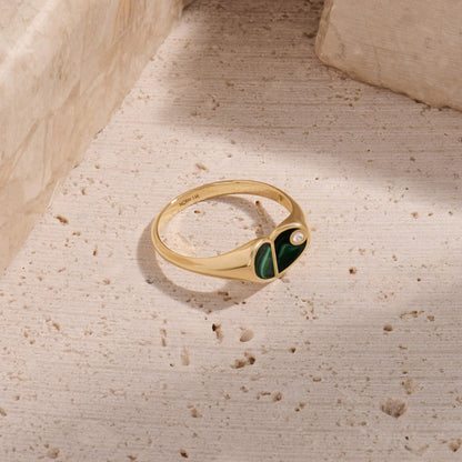 Green Enamel Heart Signet Ring in Gold