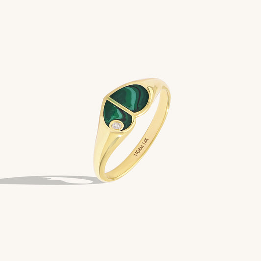 Green Enamel Heart Signet Ring in Gold