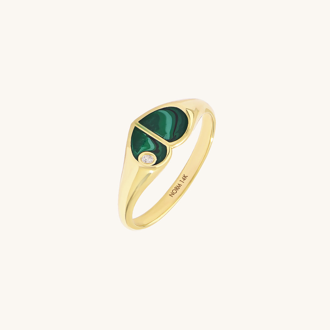 Green Enamel Heart Signet Ring in Gold