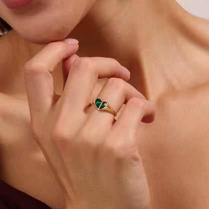 Green Enamel Heart Signet Ring in Gold