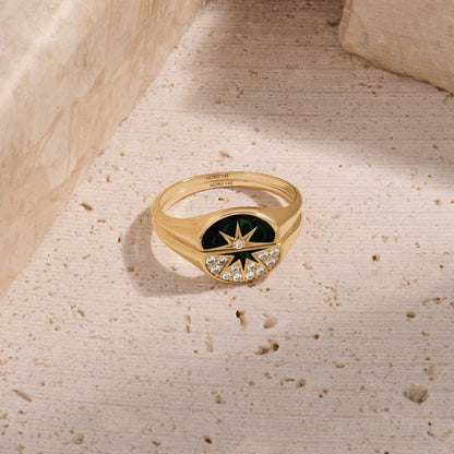 Sun Green Enamel Half Signet Ring in Gold