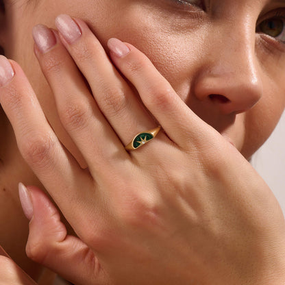 Sun Green Enamel Half Signet Ring in Gold