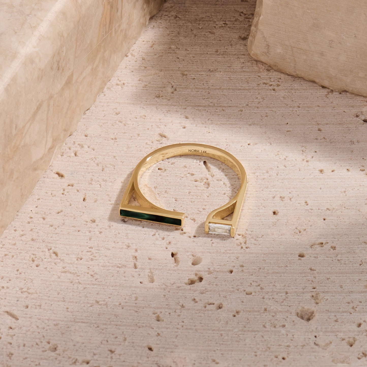 Green Enamel Open Bar Ring in Gold