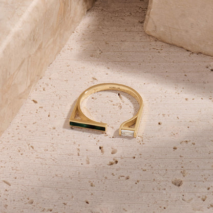 Green Enamel Open Bar Ring in Gold