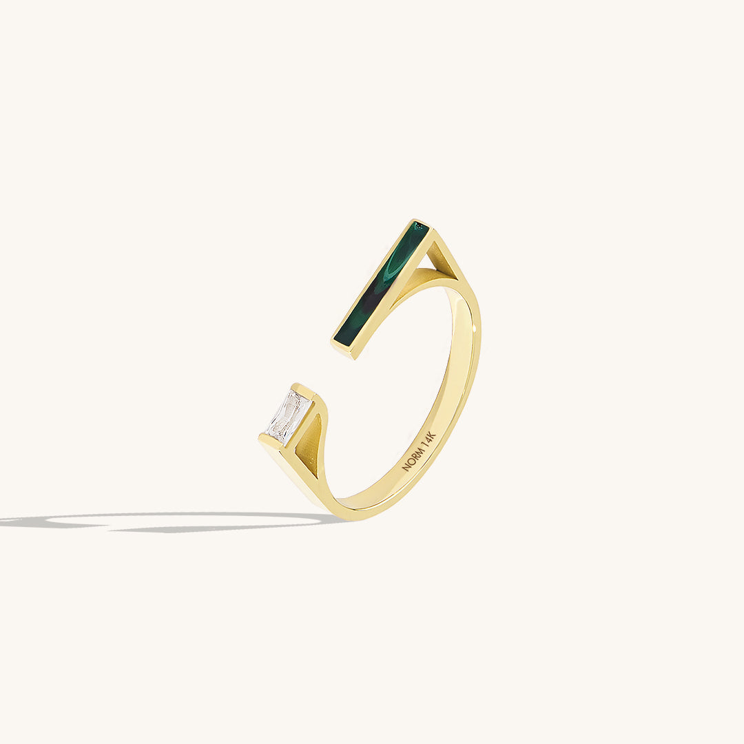Green Enamel Open Bar Ring in Gold