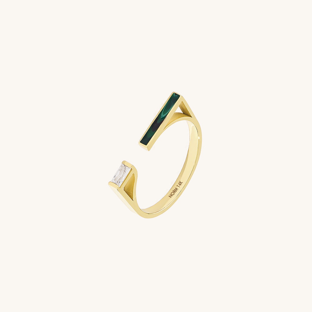 Green Enamel Open Bar Ring in Gold