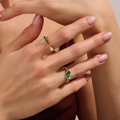 Green Enamel Open Bar Ring in Gold