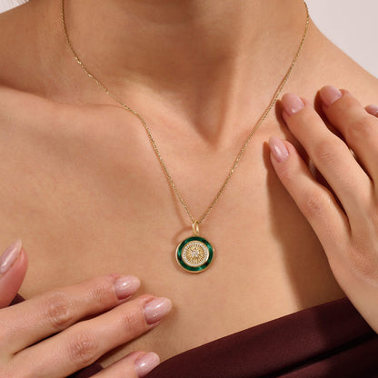 Green Enamel Sunburst Coin Necklace in Gold