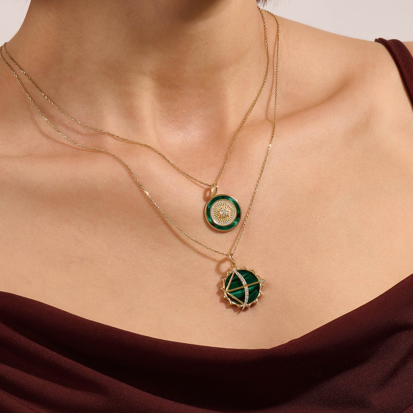 Green Enamel Sunburst Coin Necklace in Gold
