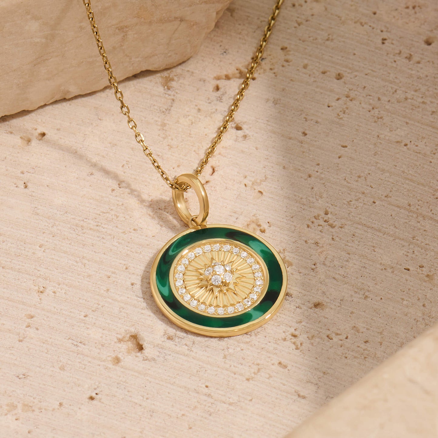 Green Enamel Sunburst Coin Necklace in Gold
