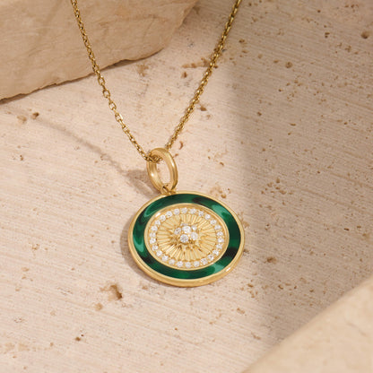 Green Enamel Sunburst Coin Necklace in Gold