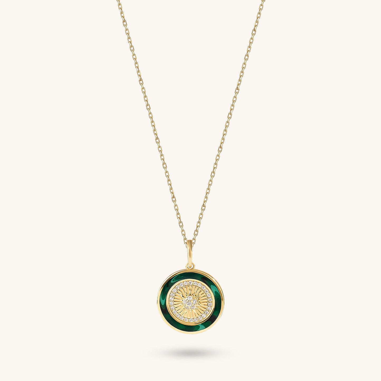 Green Enamel Sunburst Coin Necklace in Gold