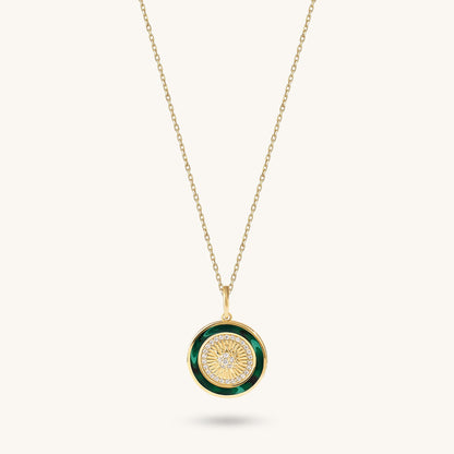 Green Enamel Sunburst Coin Necklace in Gold