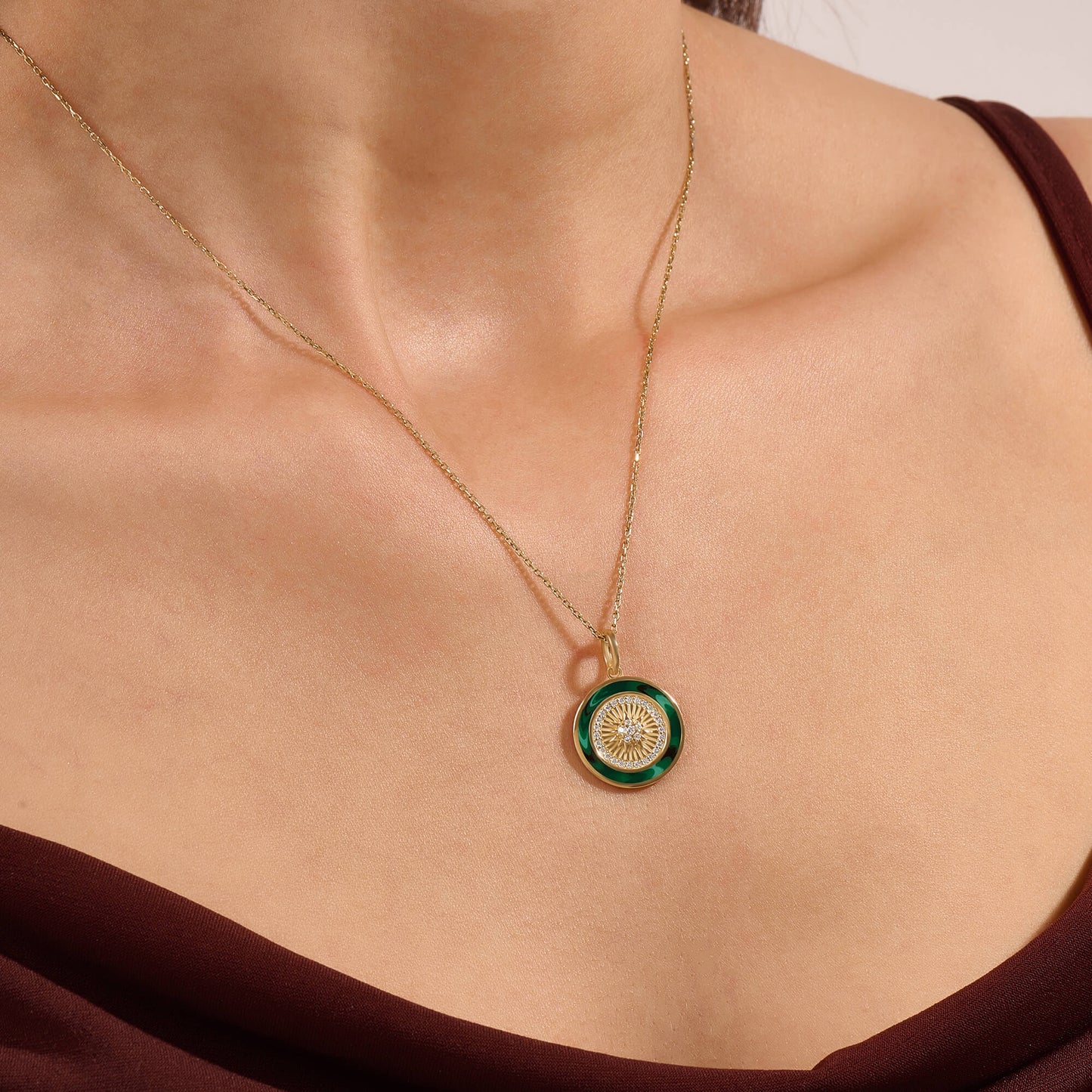 Green Enamel Sunburst Coin Necklace in Gold