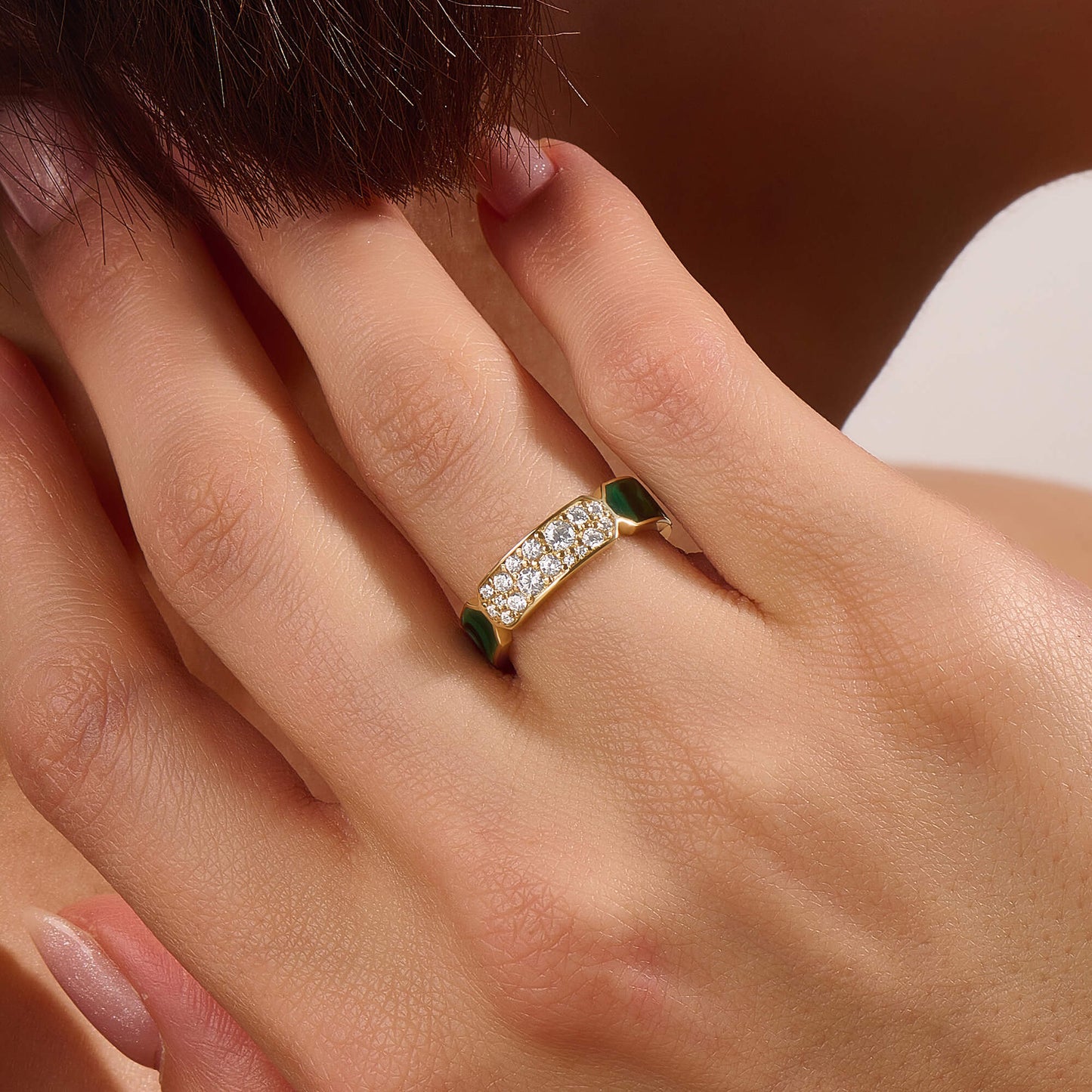 Green Enamel Pave Bold Band Ring in Gold
