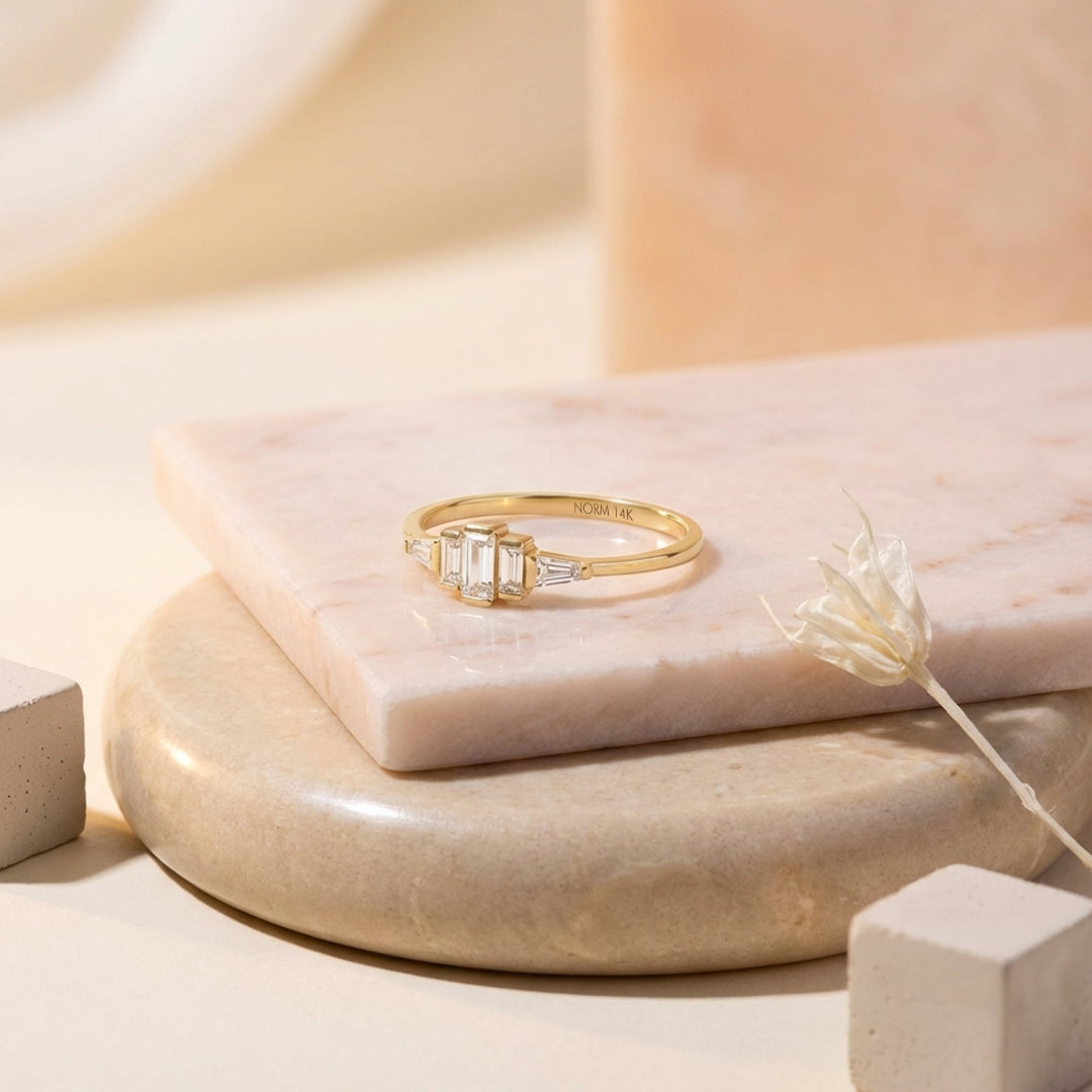 Art-Deco Baguette Moissanite Promise Ring in Gold