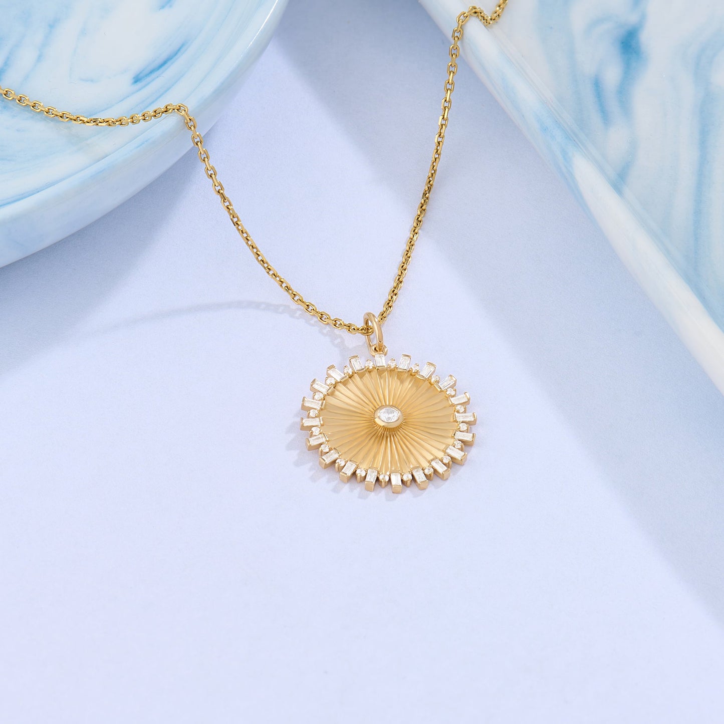 Baguette Pave Sun Necklace in Gold
