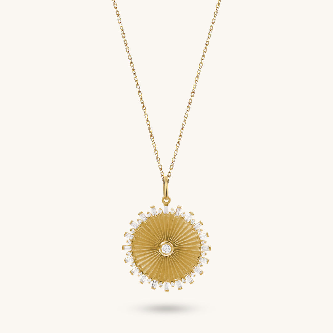 Baguette Pave Sun Necklace in Gold