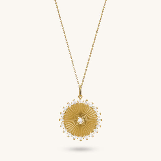 Baguette Pave Sun Necklace in Gold