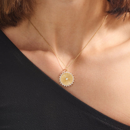 Baguette Pave Sun Necklace in Gold