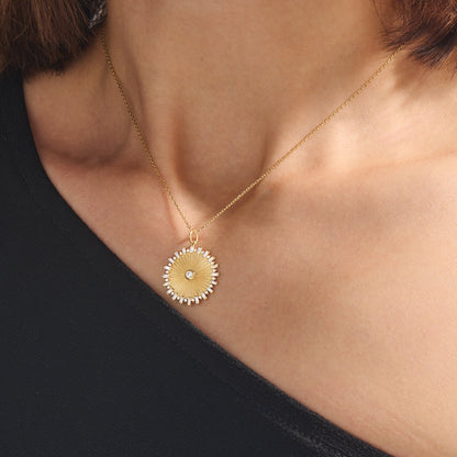 Baguette Pave Sun Necklace in Gold