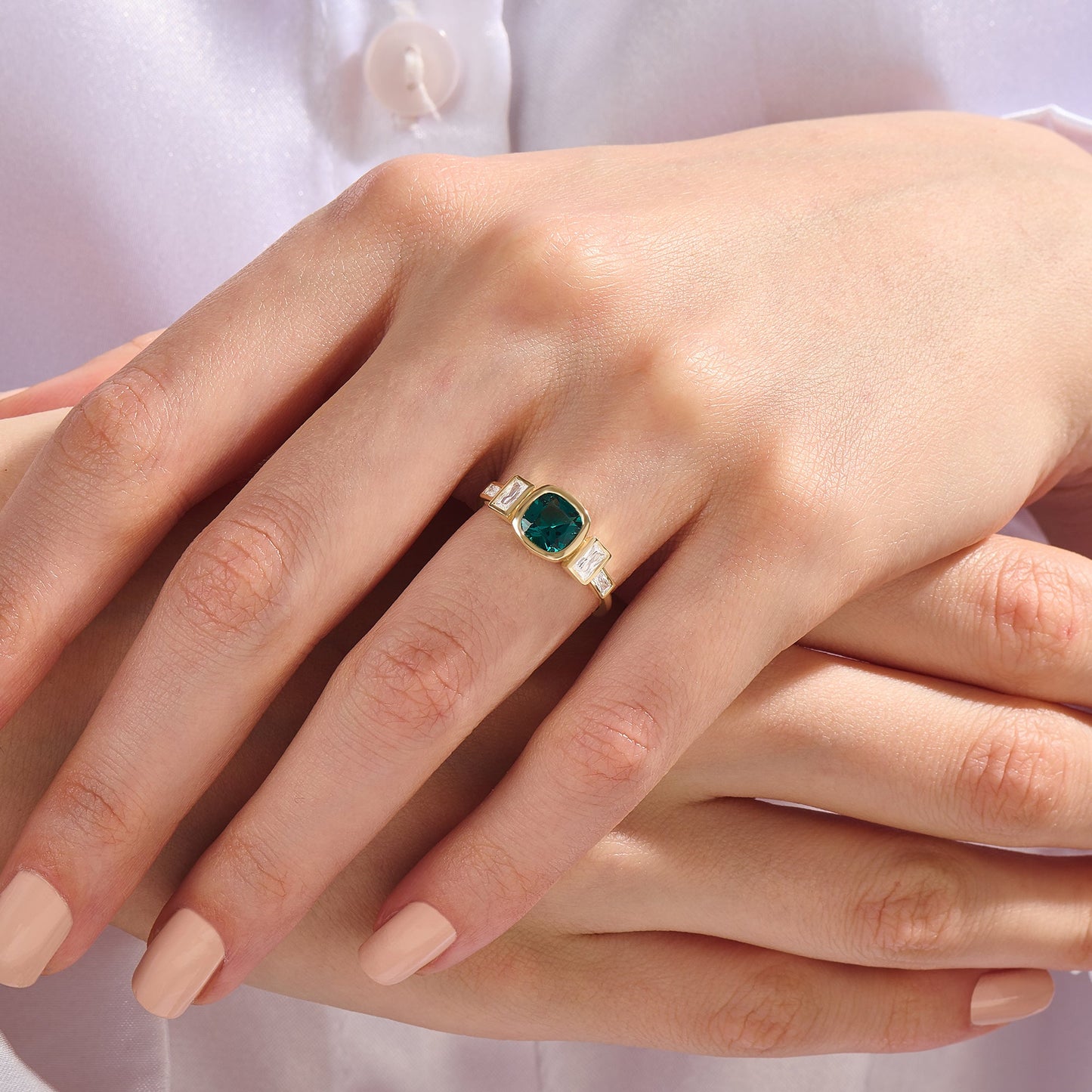 Bezel-Set Cushion Arctic Green Engagement Ring in Gold