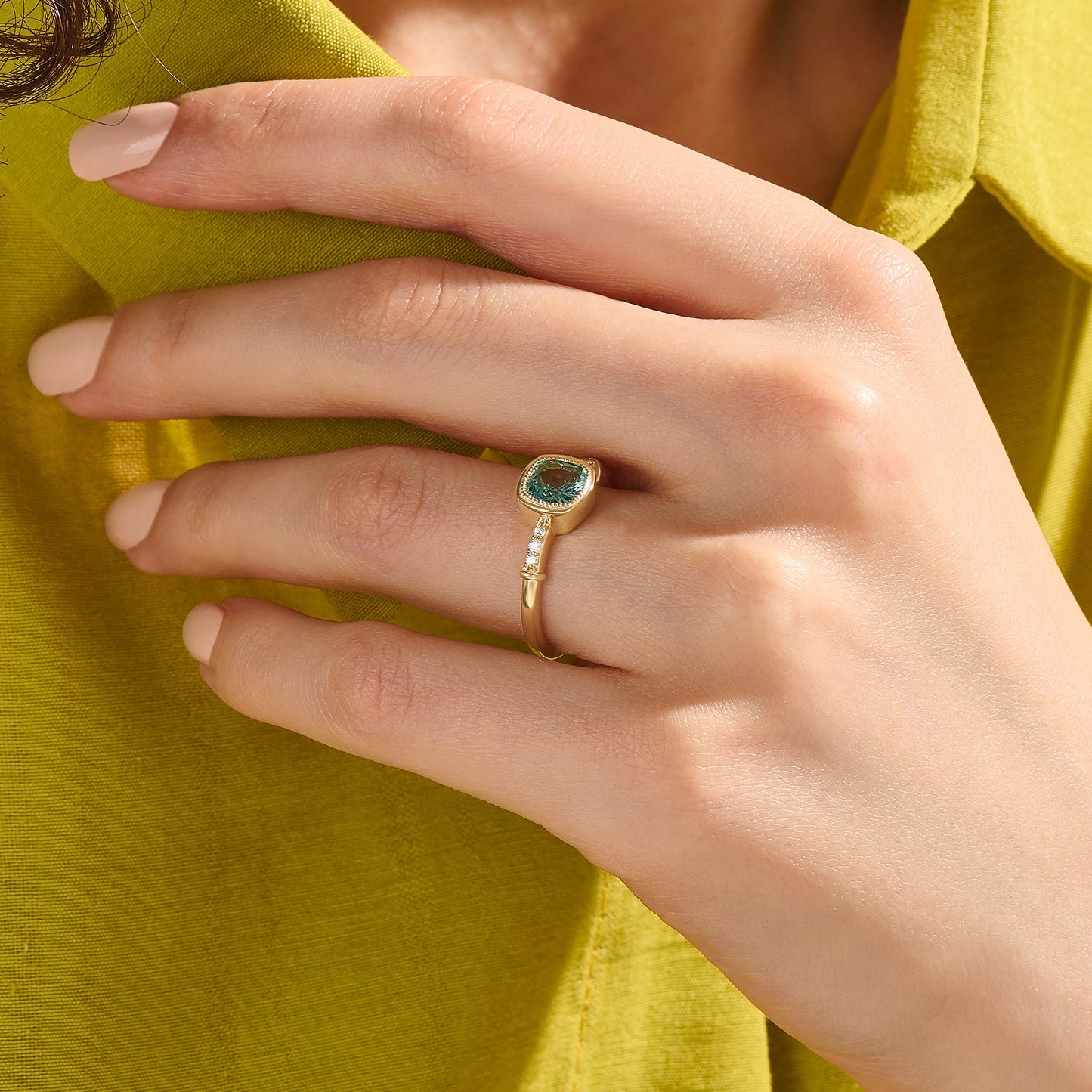 Cushion Mint Sapphire Solitaire Ring in Gold