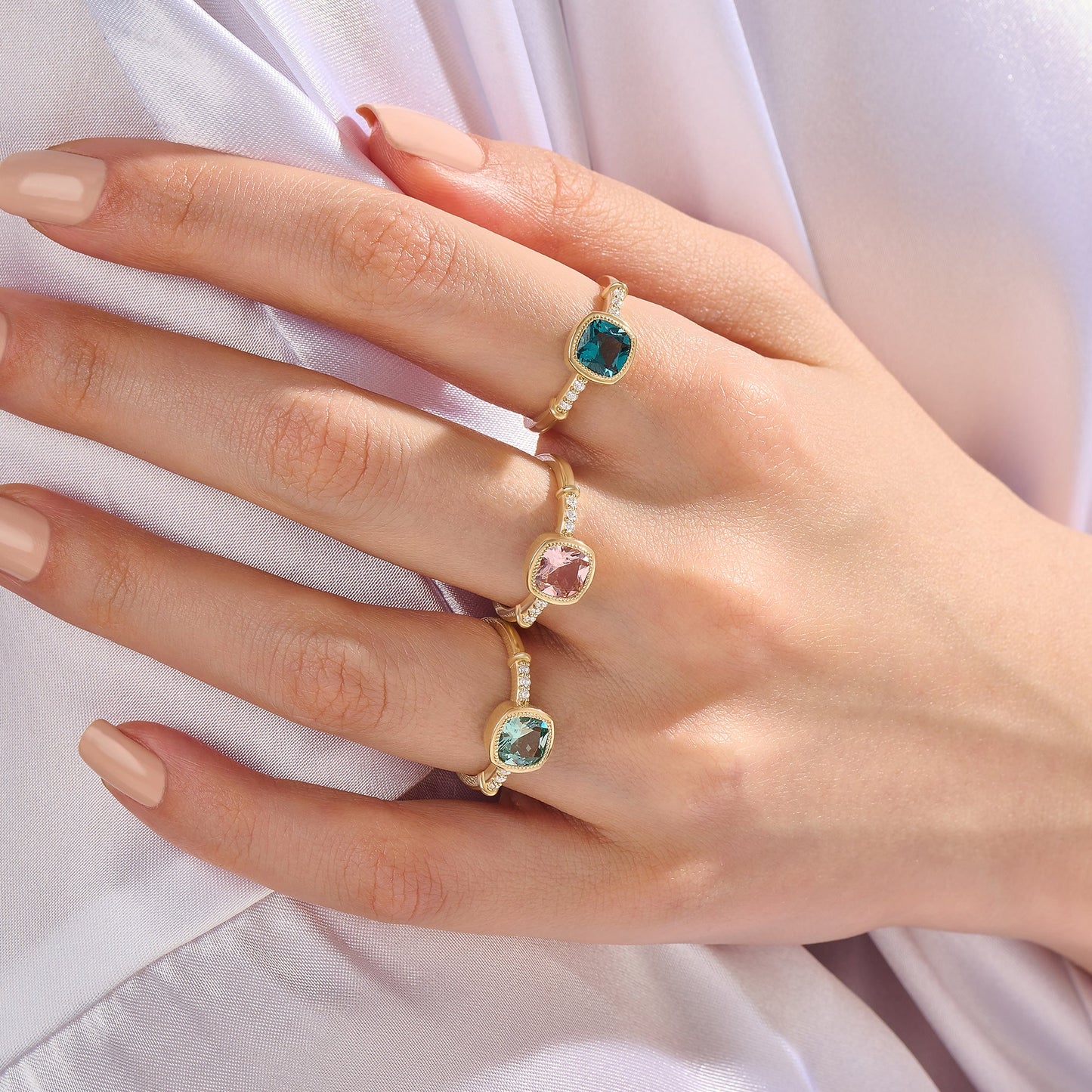 Cushion Mint Sapphire Solitaire Ring in Gold