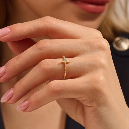 Dainty Moissanite Cross Ring in Gold