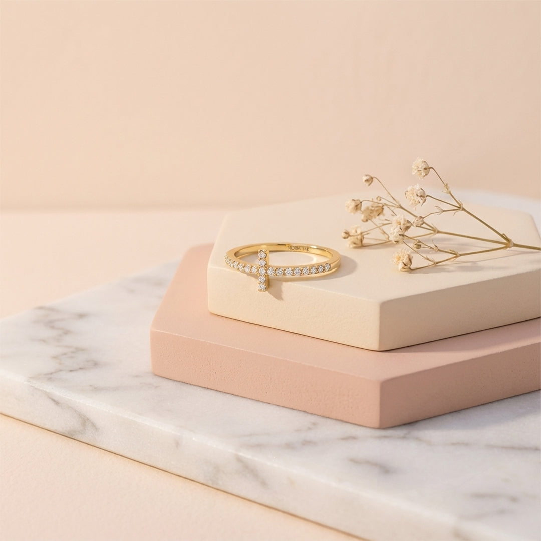 Dainty Moissanite Cross Ring in Gold