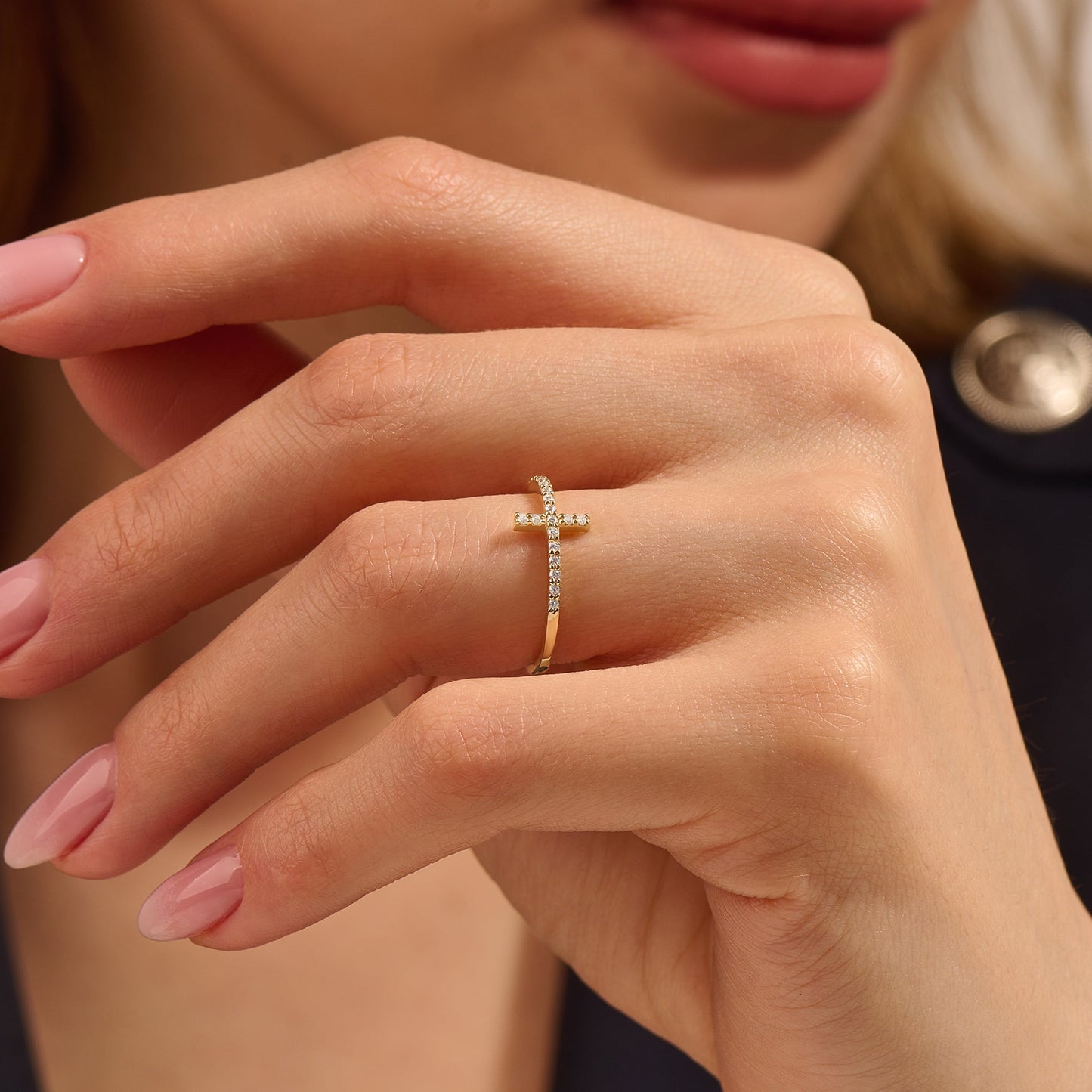 Dainty Pave Cross Ring in Gold
