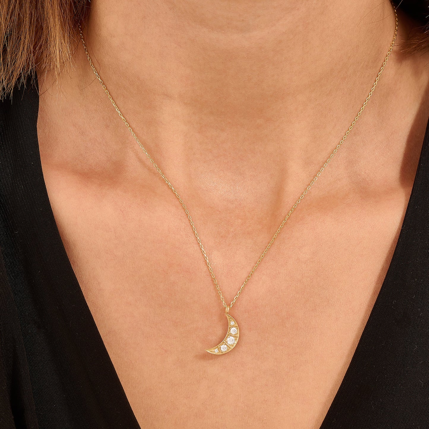 Diamond Moon Necklace in Gold