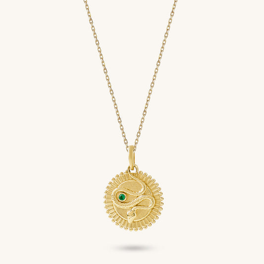 Emerald Snake Coin Necklace in Gold