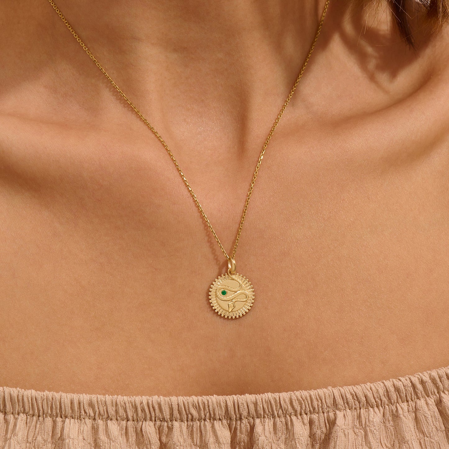 Emerald Snake Coin Necklace in Gold