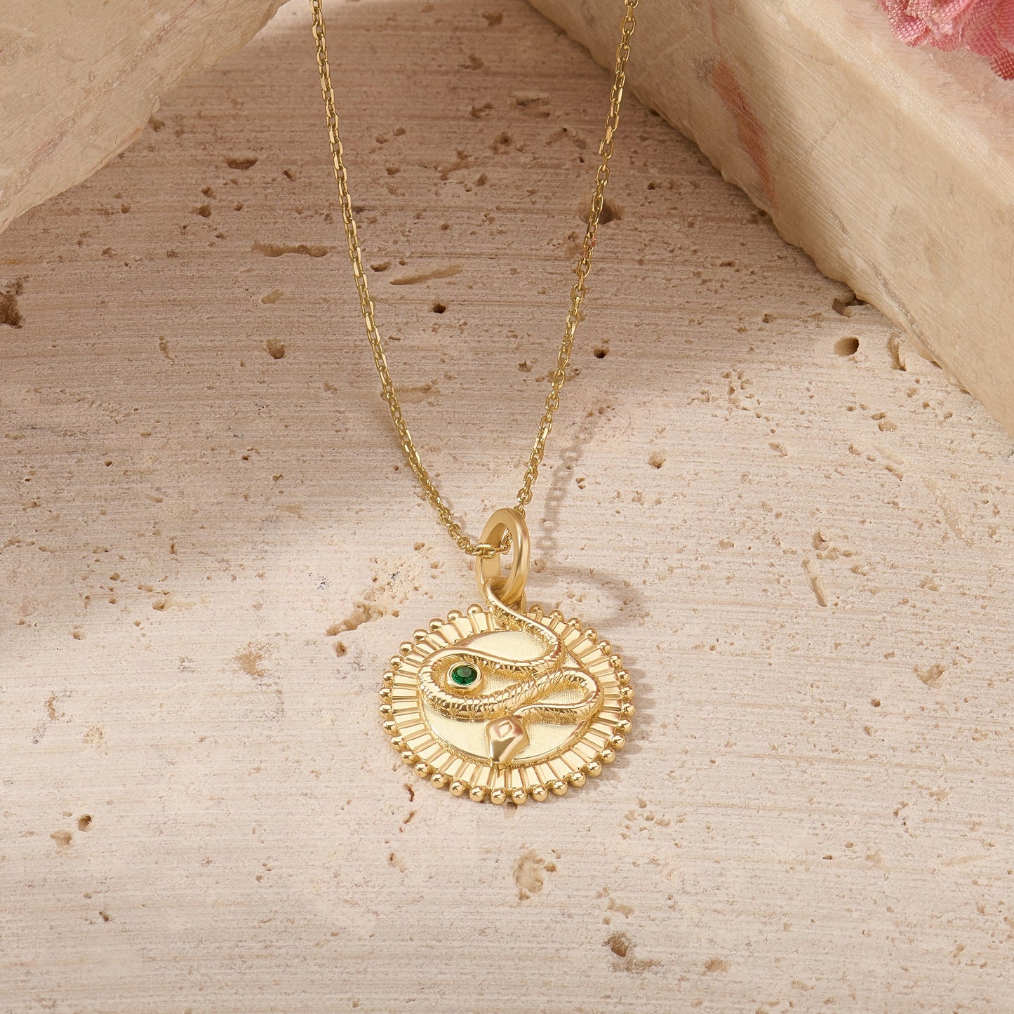 Emerald Snake Coin Necklace in Gold